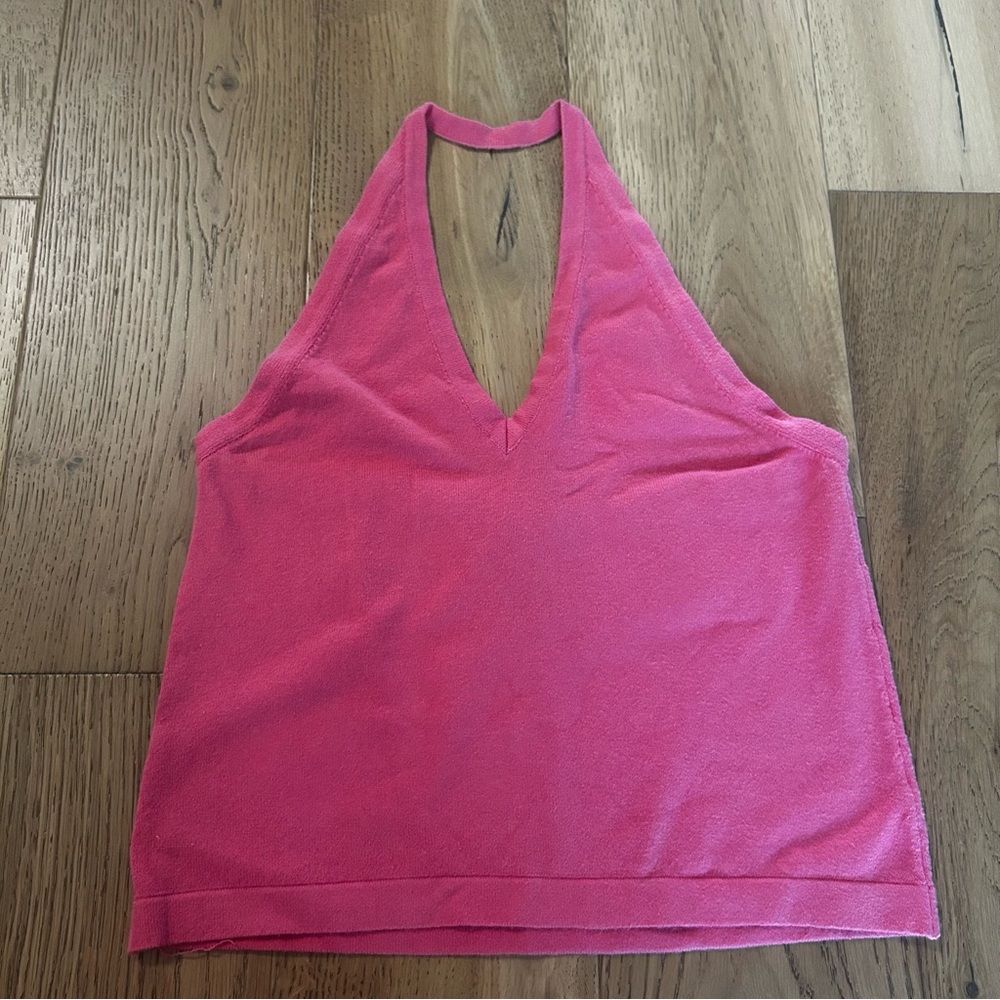 Lilly Pulitzer Pink Halter Top Size L with V-neck design.